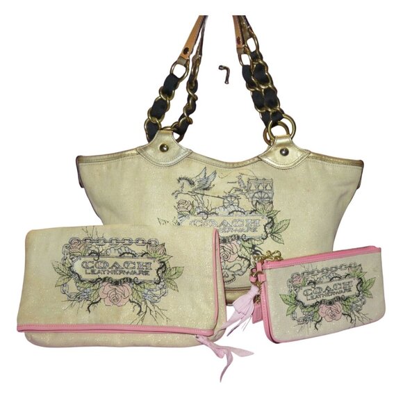 Coach 2009 Tattoo Glitter Tote, Fold Over Clutch and Wristlet Set Lurex Leather - Picture 1 of 16